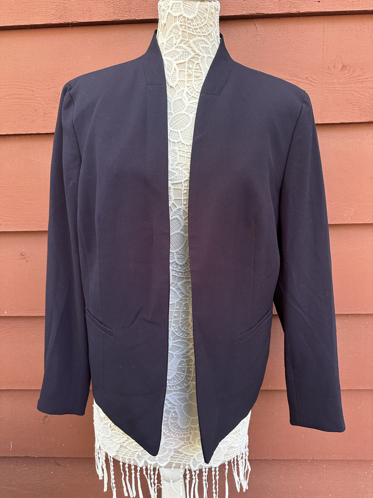 Nine West Navy Blue Open Front Blazer Minimalist Preppy Workwear Jacket