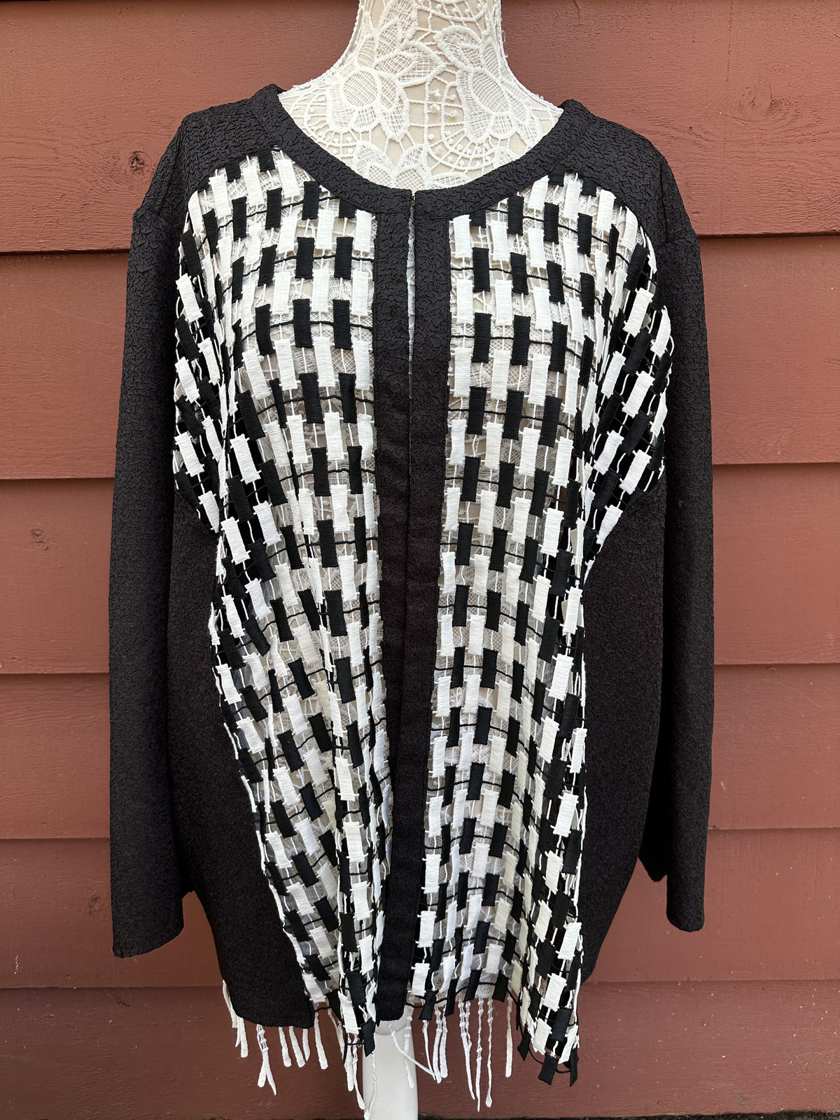 Classic Black and White Textured Checkered Cardigan Sweater
