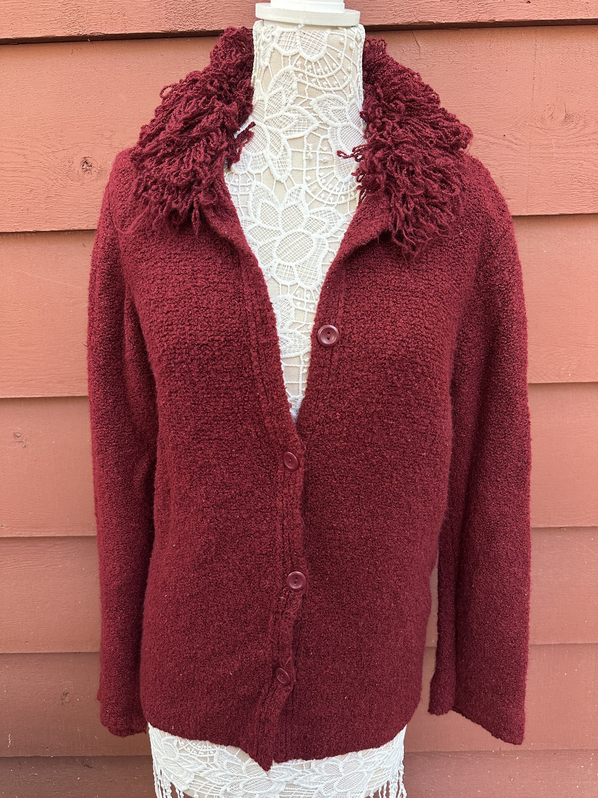 Dialogue Red Burgundy Y2K Cardigan Shaggy Fringe Collar Vintage Inspired Boho
