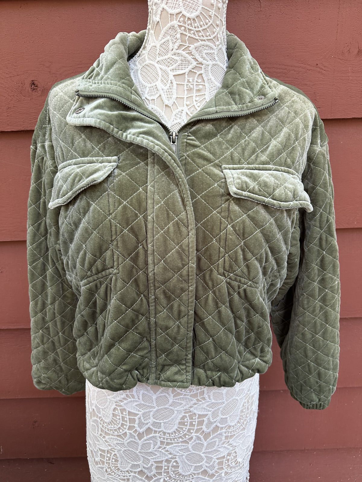 Forever 21 Quilted Velvet Jacket Sage Green Cropped Bomber Jacket Y2K Fairycore