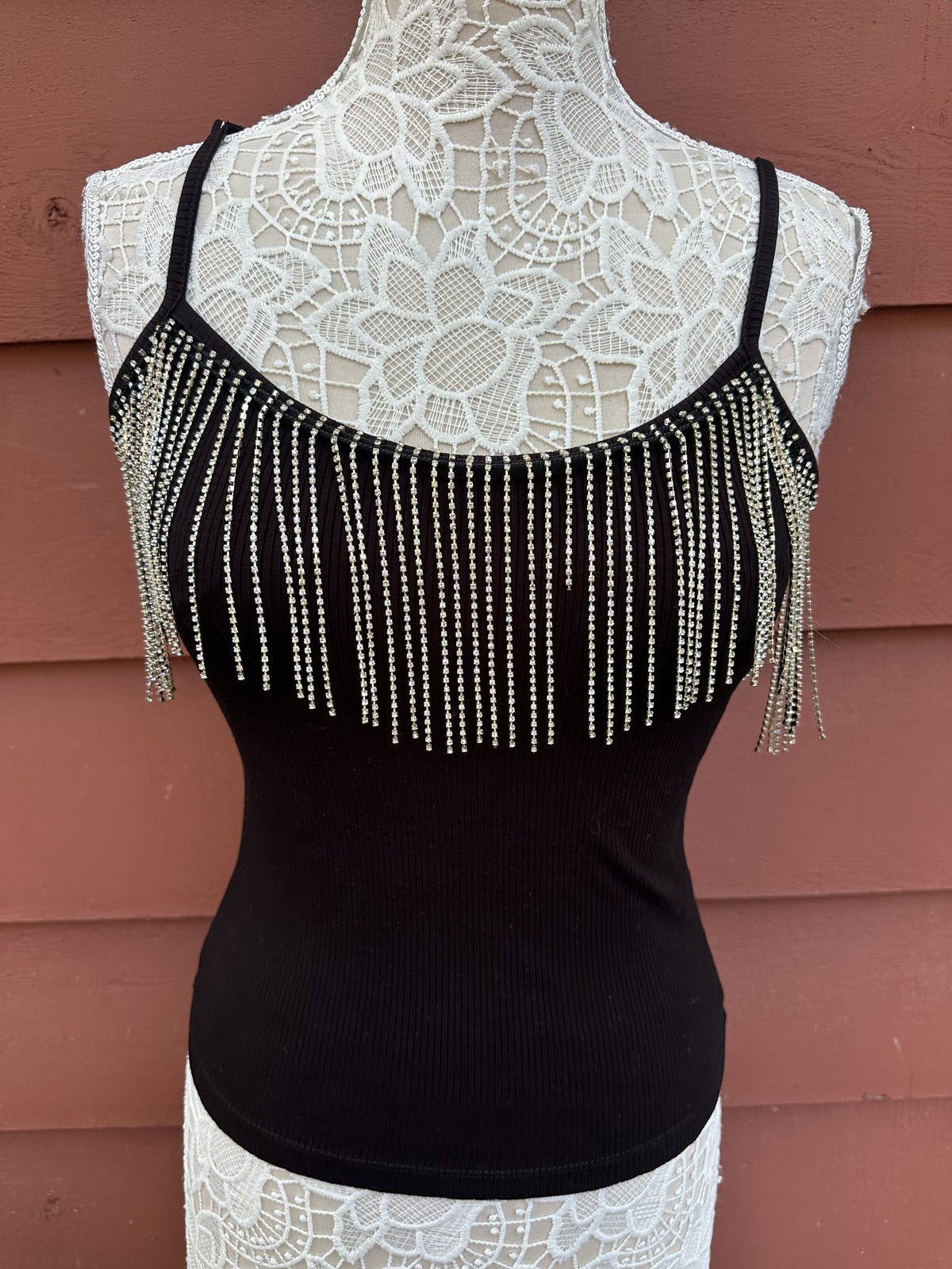 Charlotte Russe Rhinestone Fringe Tank Top Black Y2K Punk Western