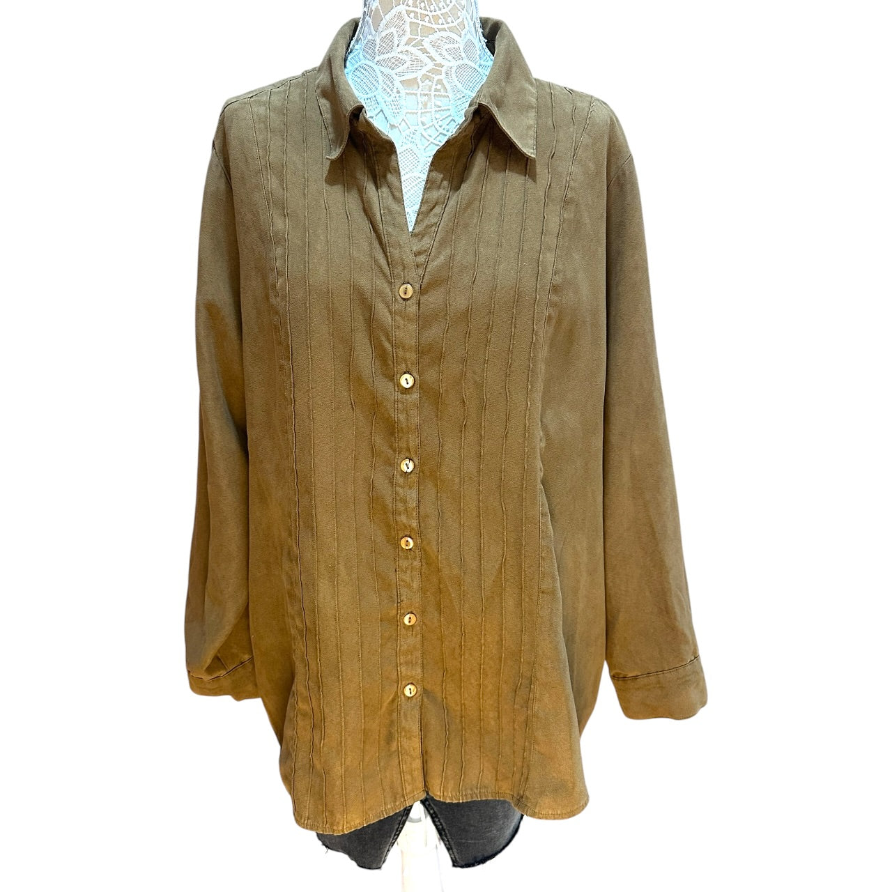 Vintage Lemon Grass Studio Faux Suede Pintuck Shirt