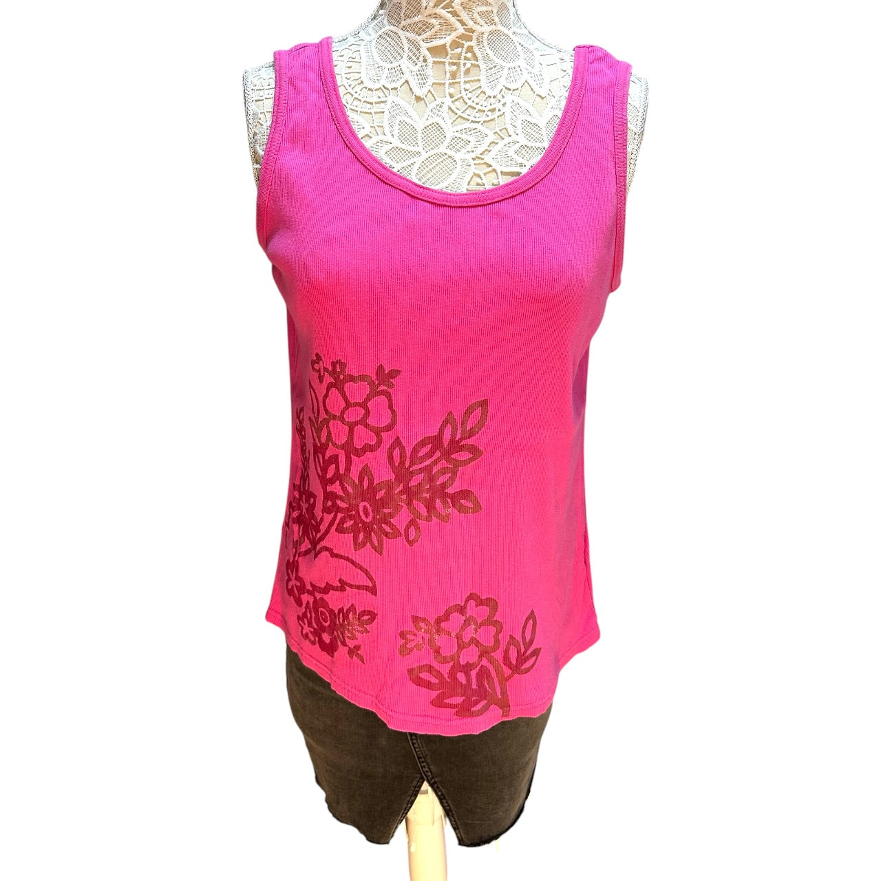 Basic Editions Hot Pink Ribbed Graphic Tank Top