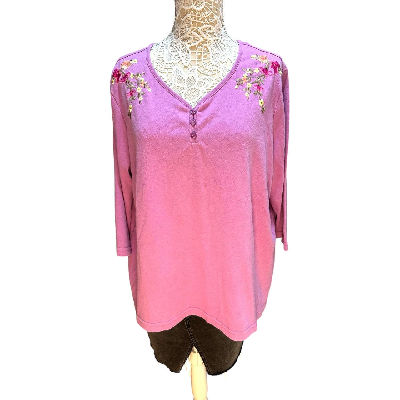 Vintage Blair Lavender Embroidered Floral Henley