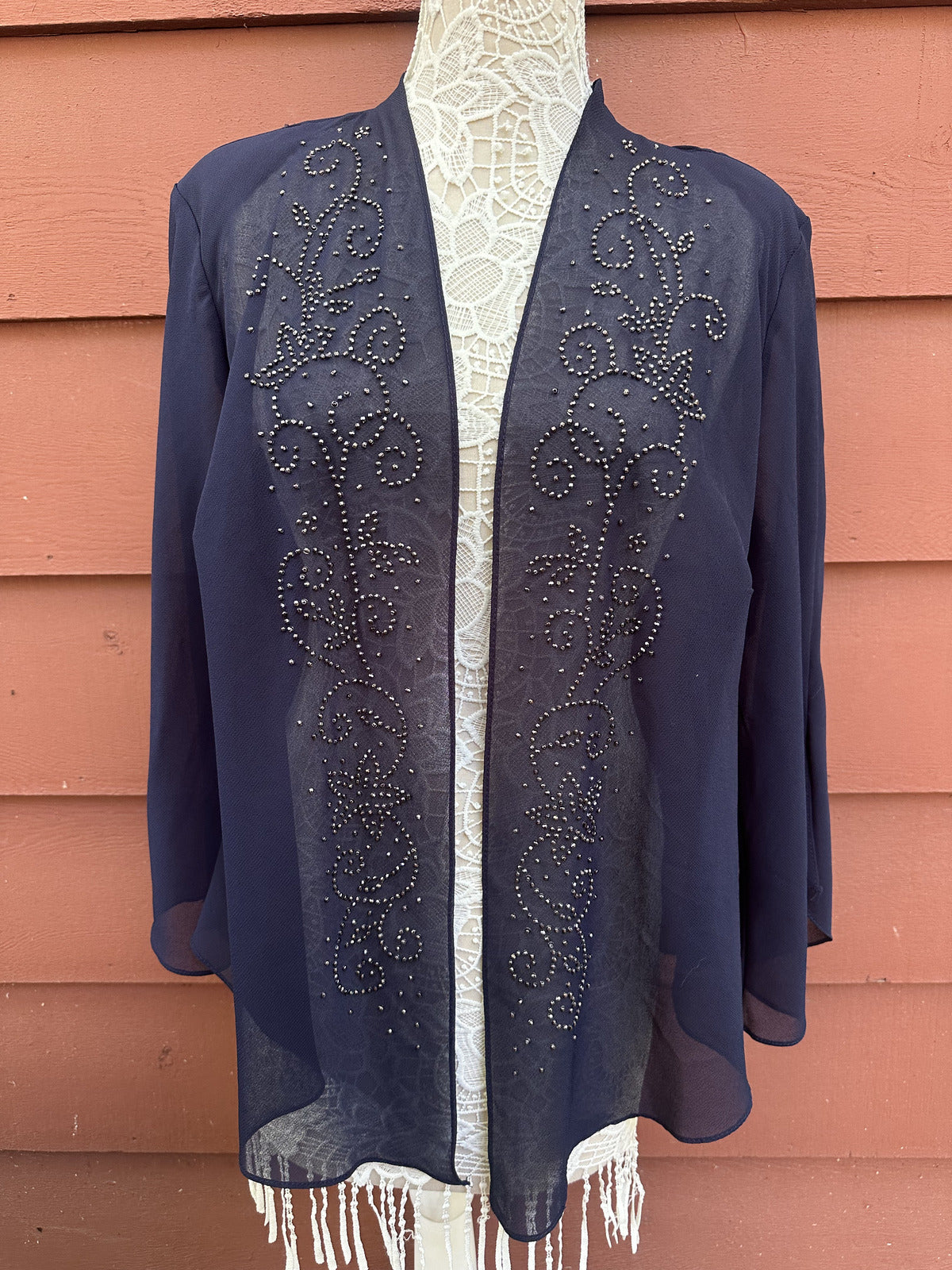 R & M Richards Navy Blue Sheer Embellished Jacket Vintage Formal Glam Layering
