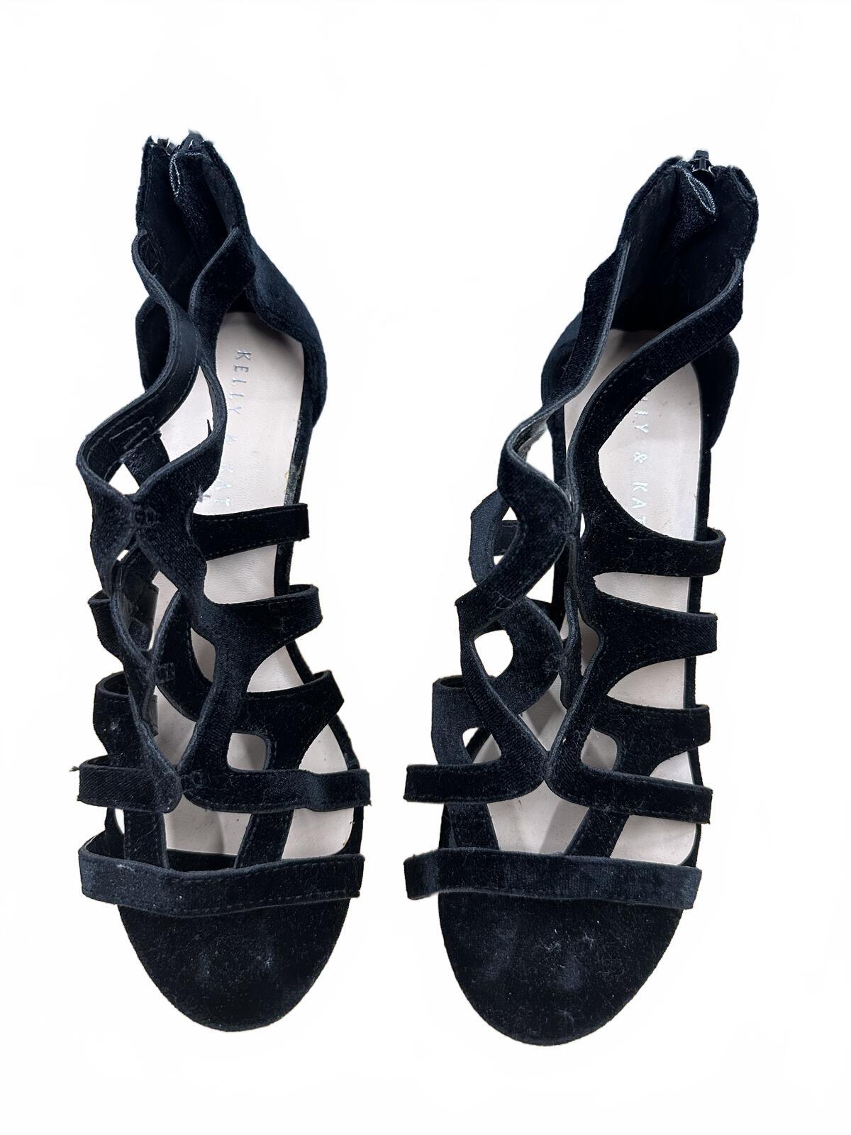 Kelly & Katie Black Strappy Heels Velvet Caged Design Mid Heel