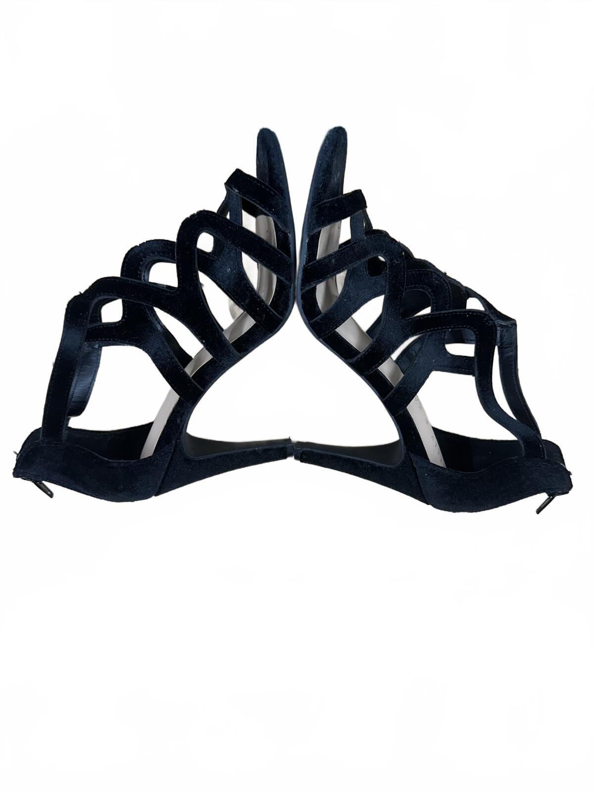 Kelly & Katie Black Strappy Heels Velvet Caged Design Mid Heel