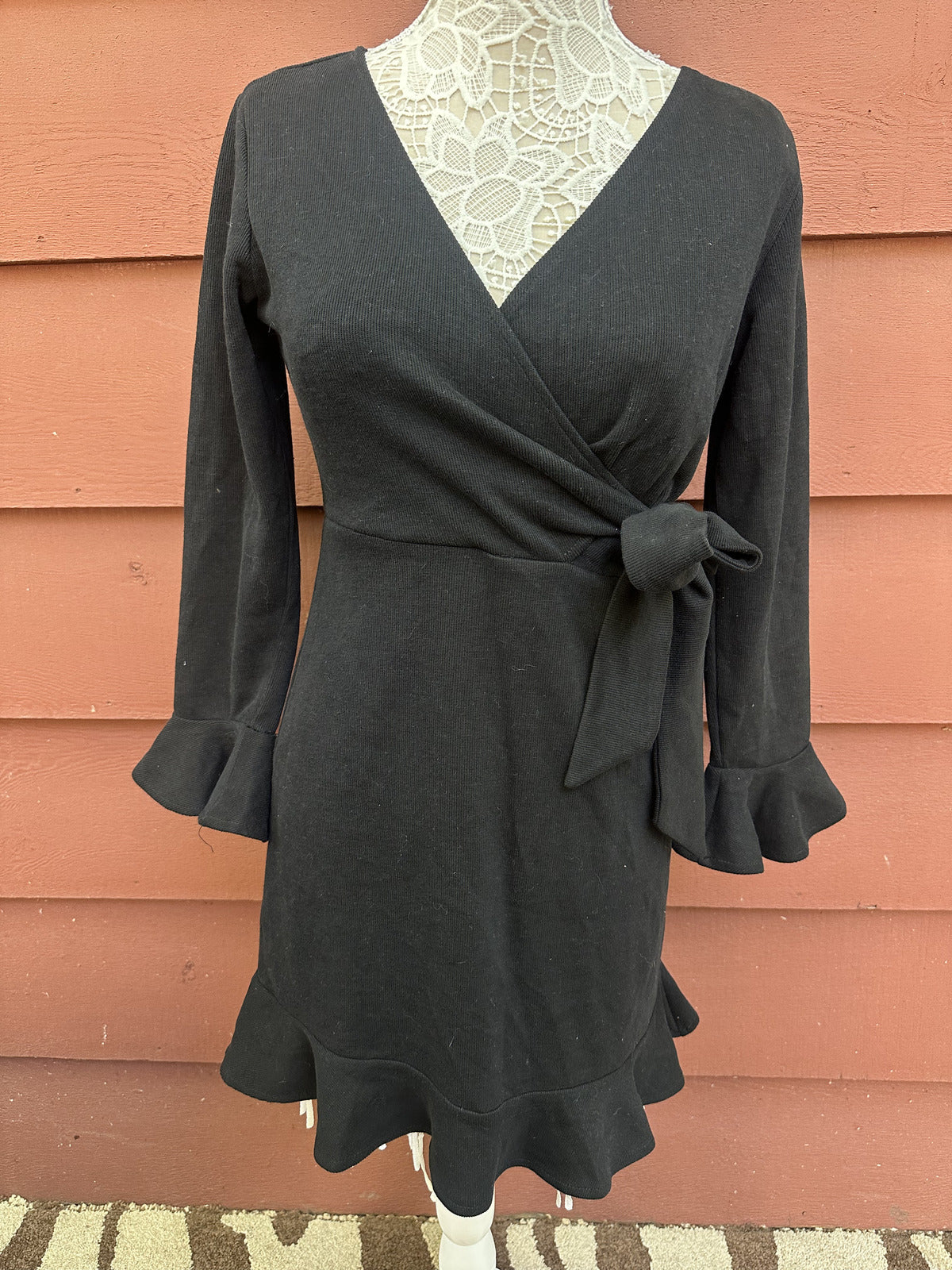 R. Vivimos Black Wrap Mini Dress with Bell Sleeves and Ruffled Hem