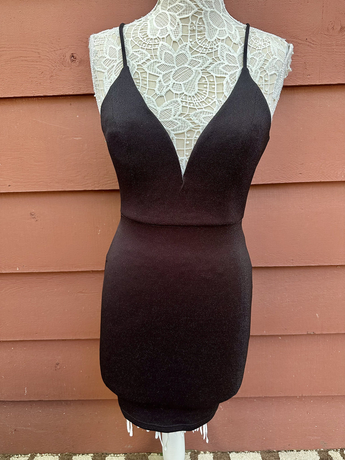 NWT Windsor Black Sparkly Mini Bodycon Dress with Deep V Neckline