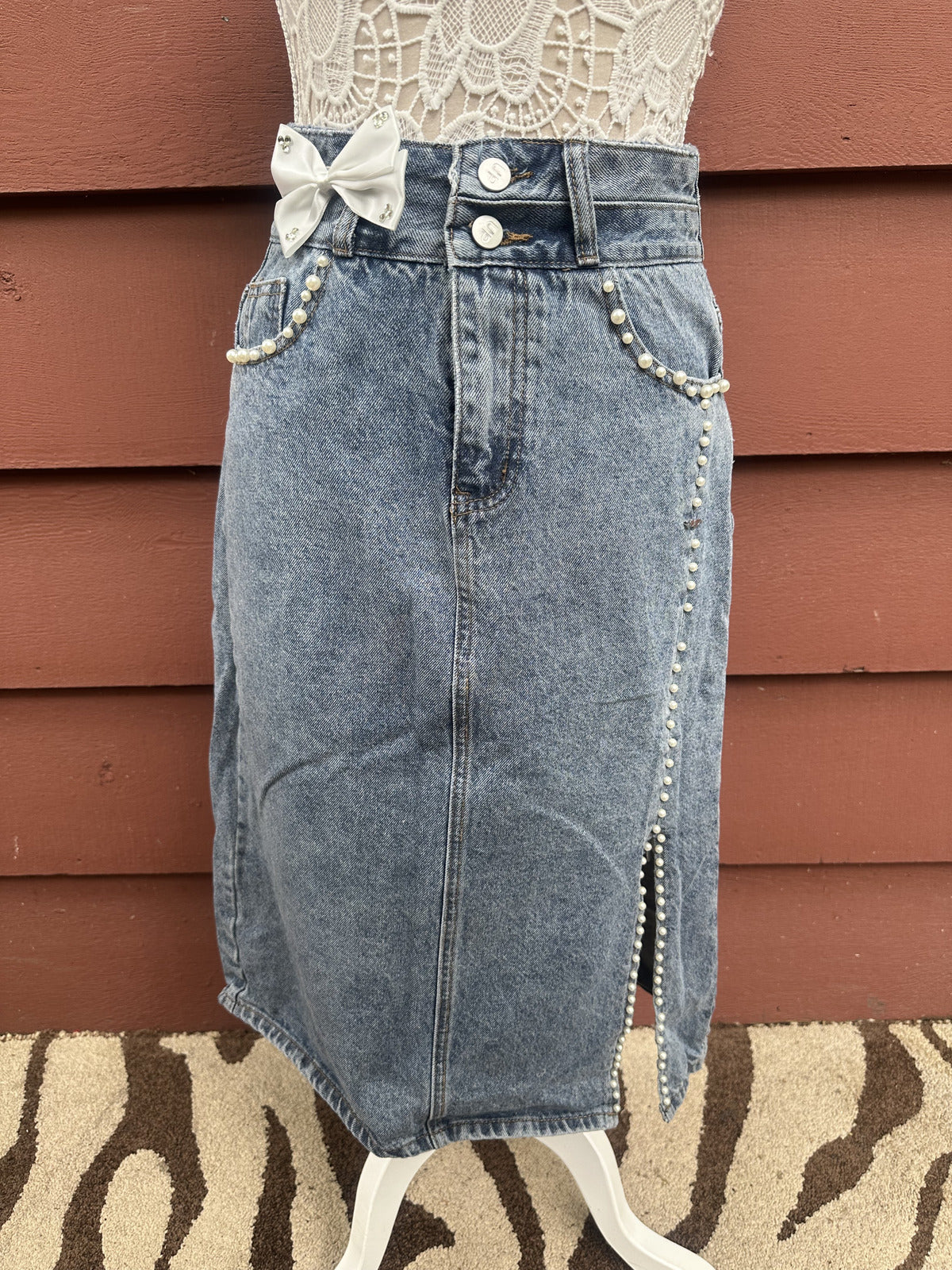 Up Jeans Denim Skirt with Pearl Detailing and Slit Blue