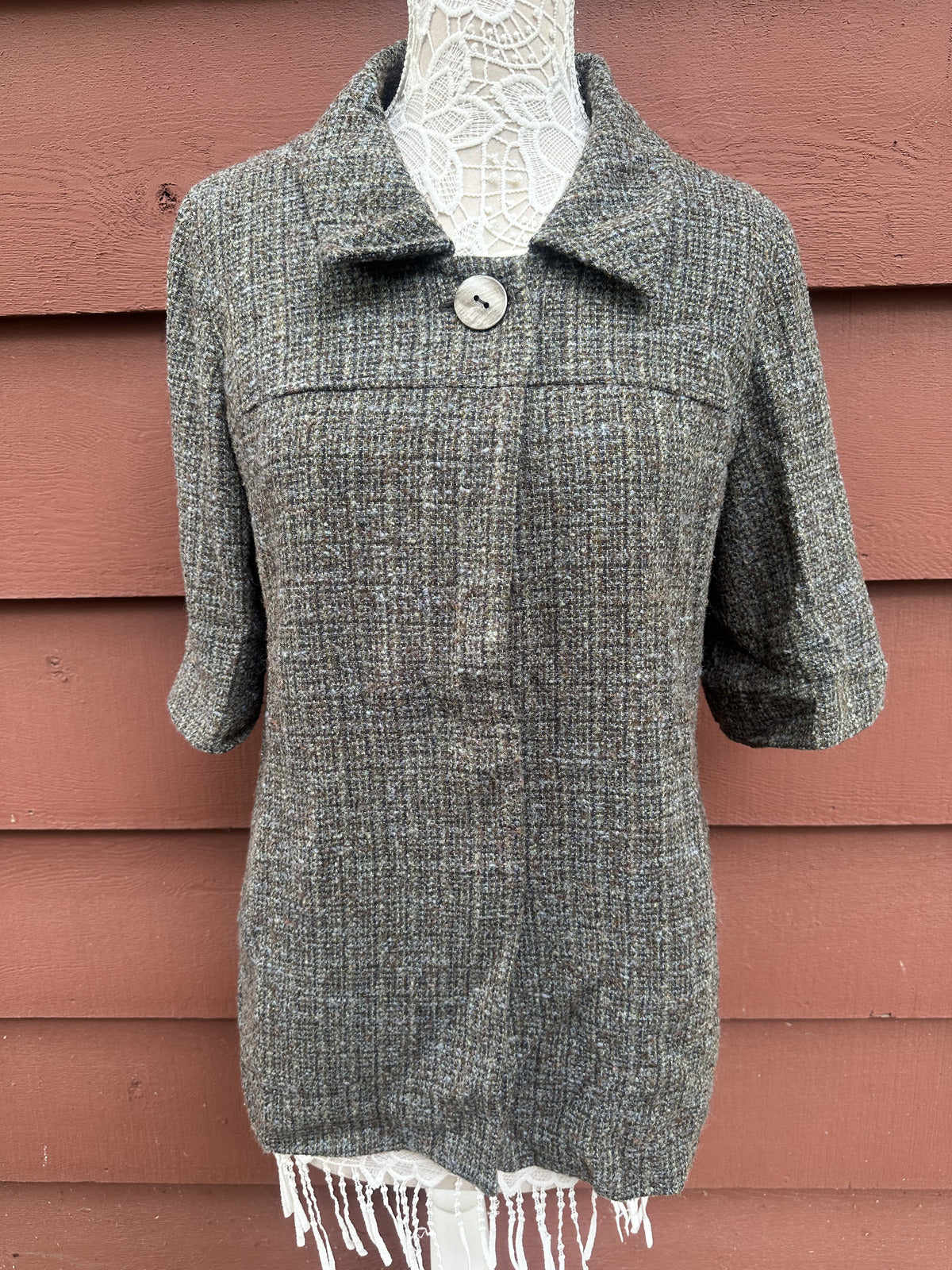 J. Jill Green Gray Tweed Short Sleeve Jacket Classic Preppy Minimalist