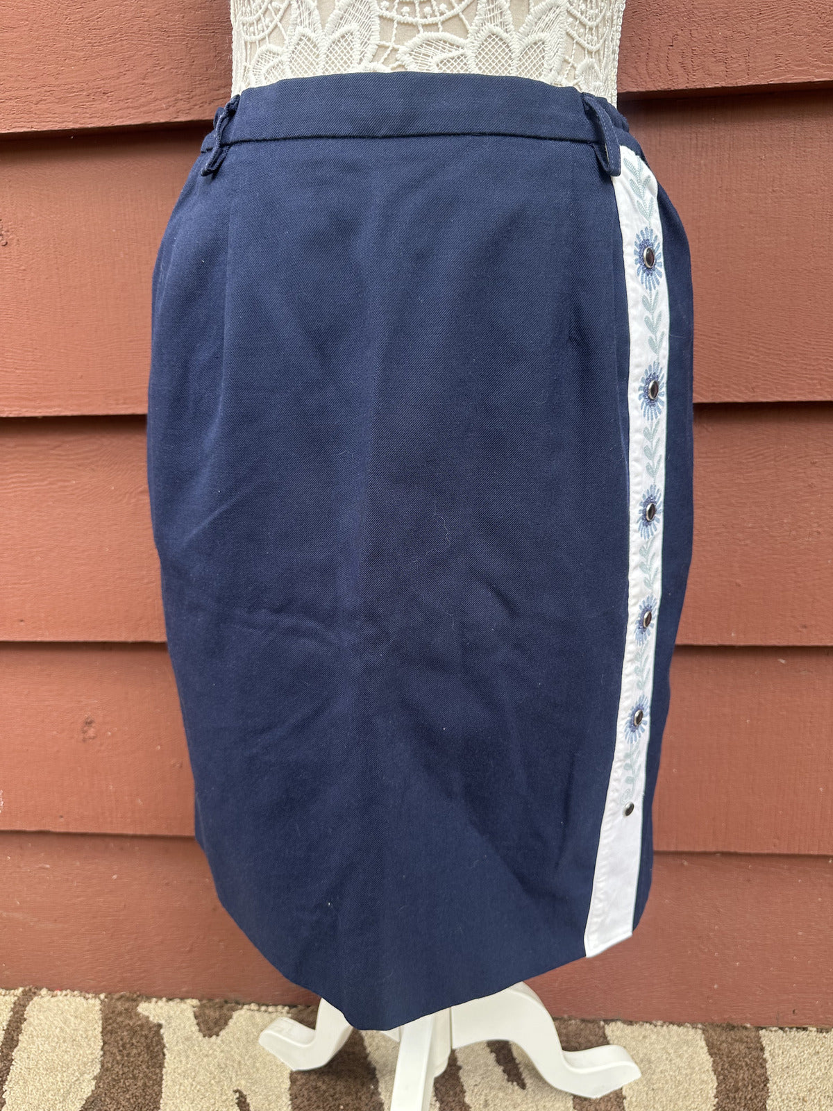 Vintage DSCP Navy A Line Skirt with Blue Floral Embroidery White Contrast Panel