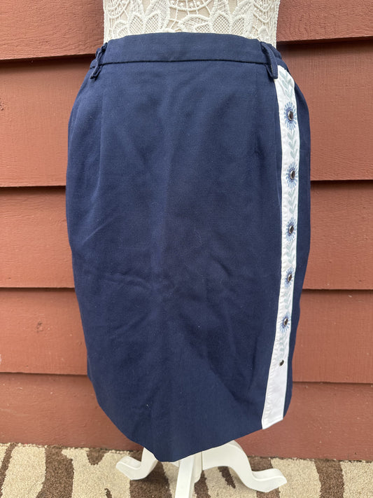 Vintage DSCP Navy A Line Skirt with Blue Floral Embroidery White Contrast Panel
