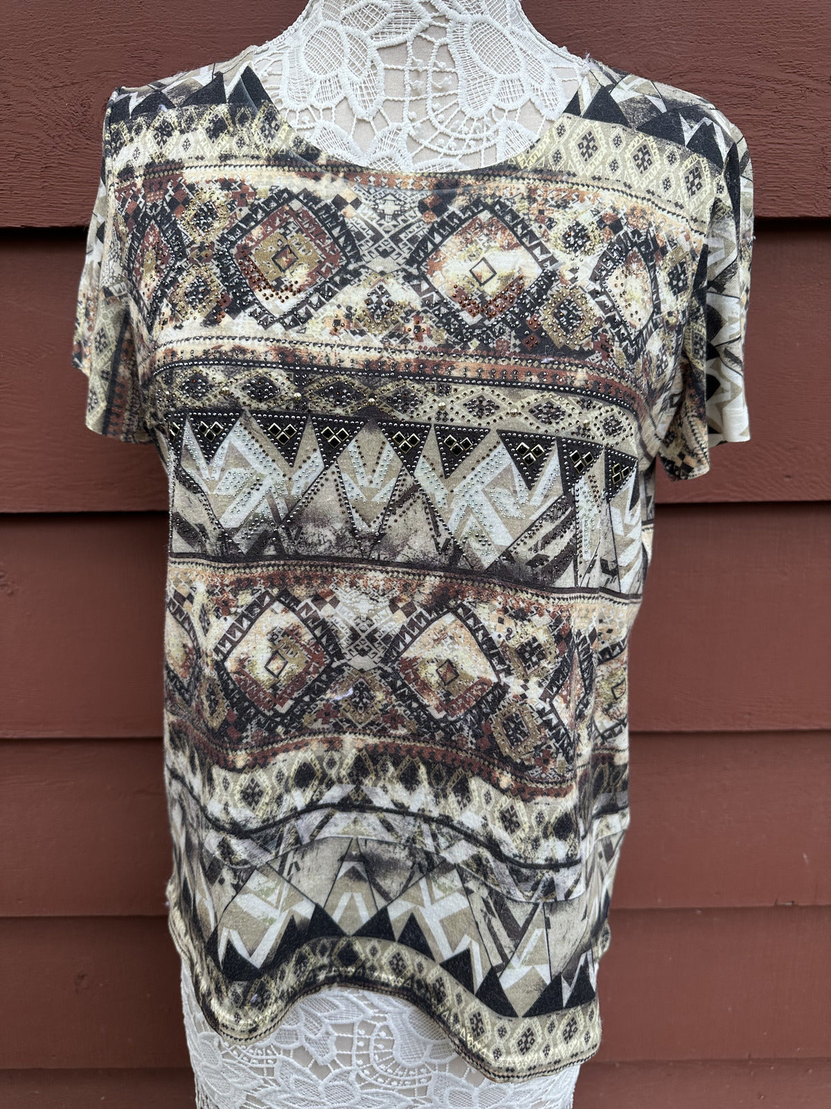 Bohemian Geometric Tribal Print Top with Keyhole Back Detail Beige Black Casual