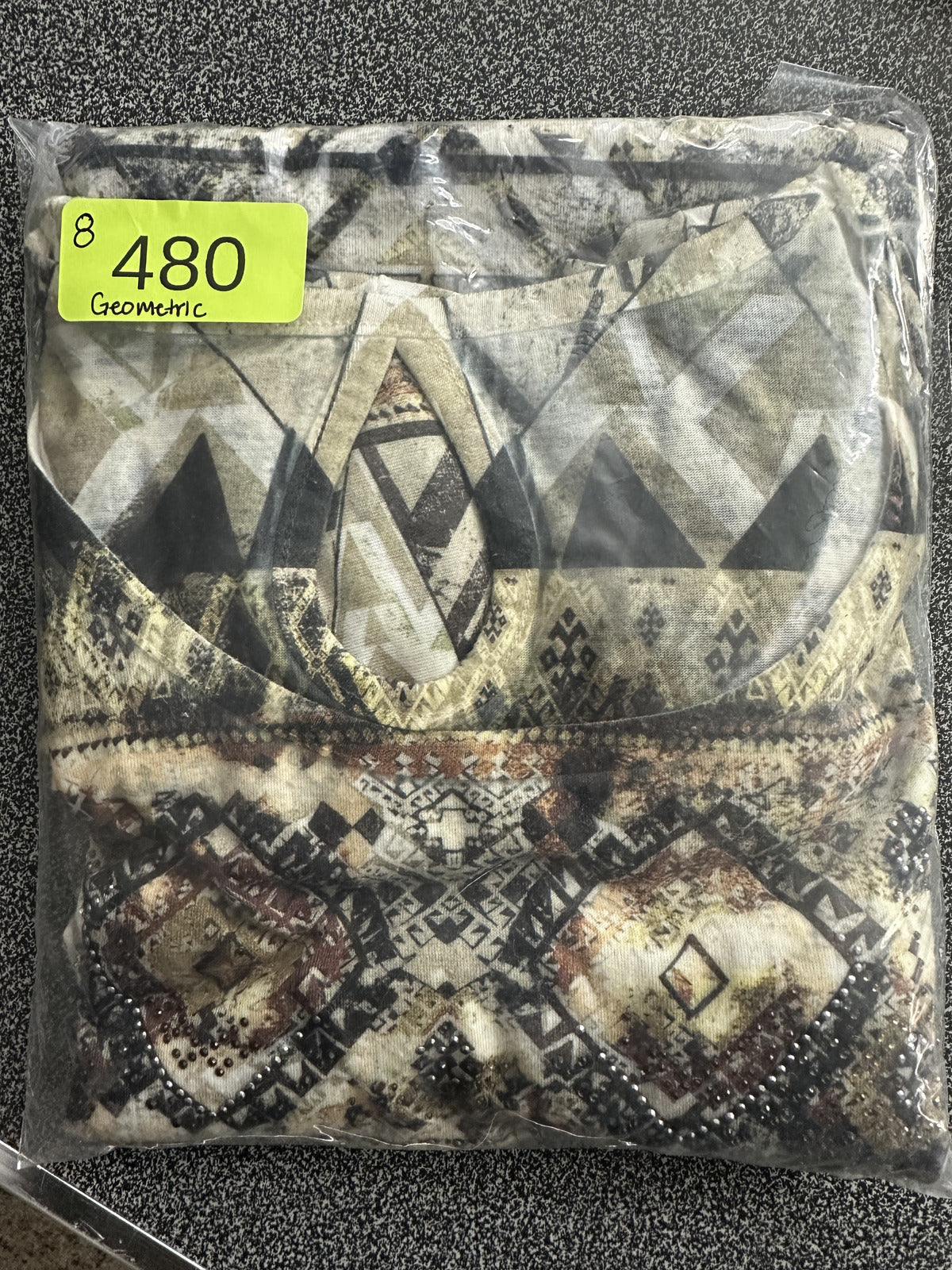 Bohemian Geometric Tribal Print Top with Keyhole Back Detail Beige Black Casual