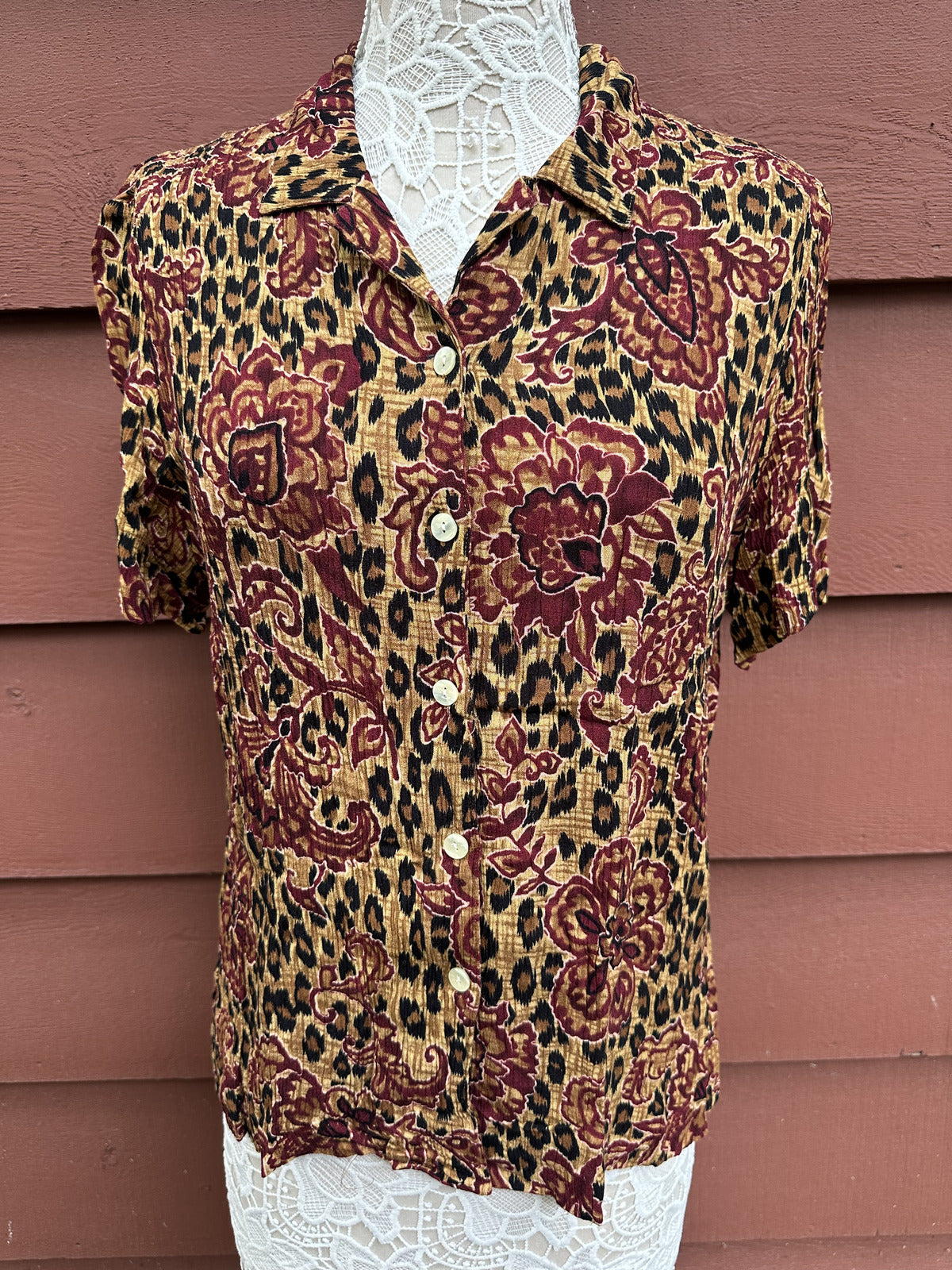 Requirements Vintage Floral and Leopard Print Rayon Button Up Shirt