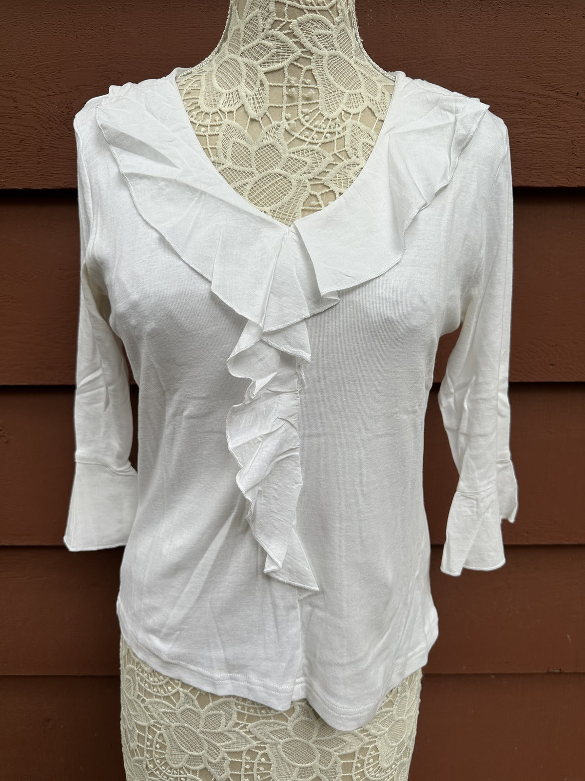 Lulu-B White Ruffled Neck V Neck Blouse Medium Y2K Fairycore Coquette