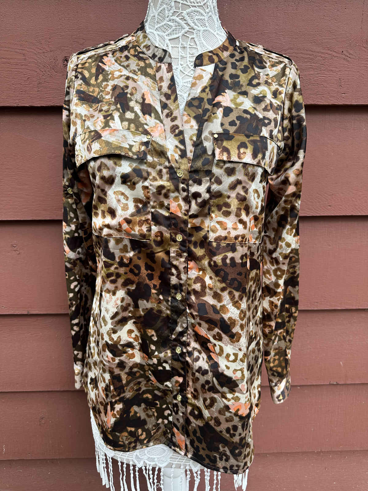 Calvin Klein Brown Cream Leopard Print Long Sleeve Button Down