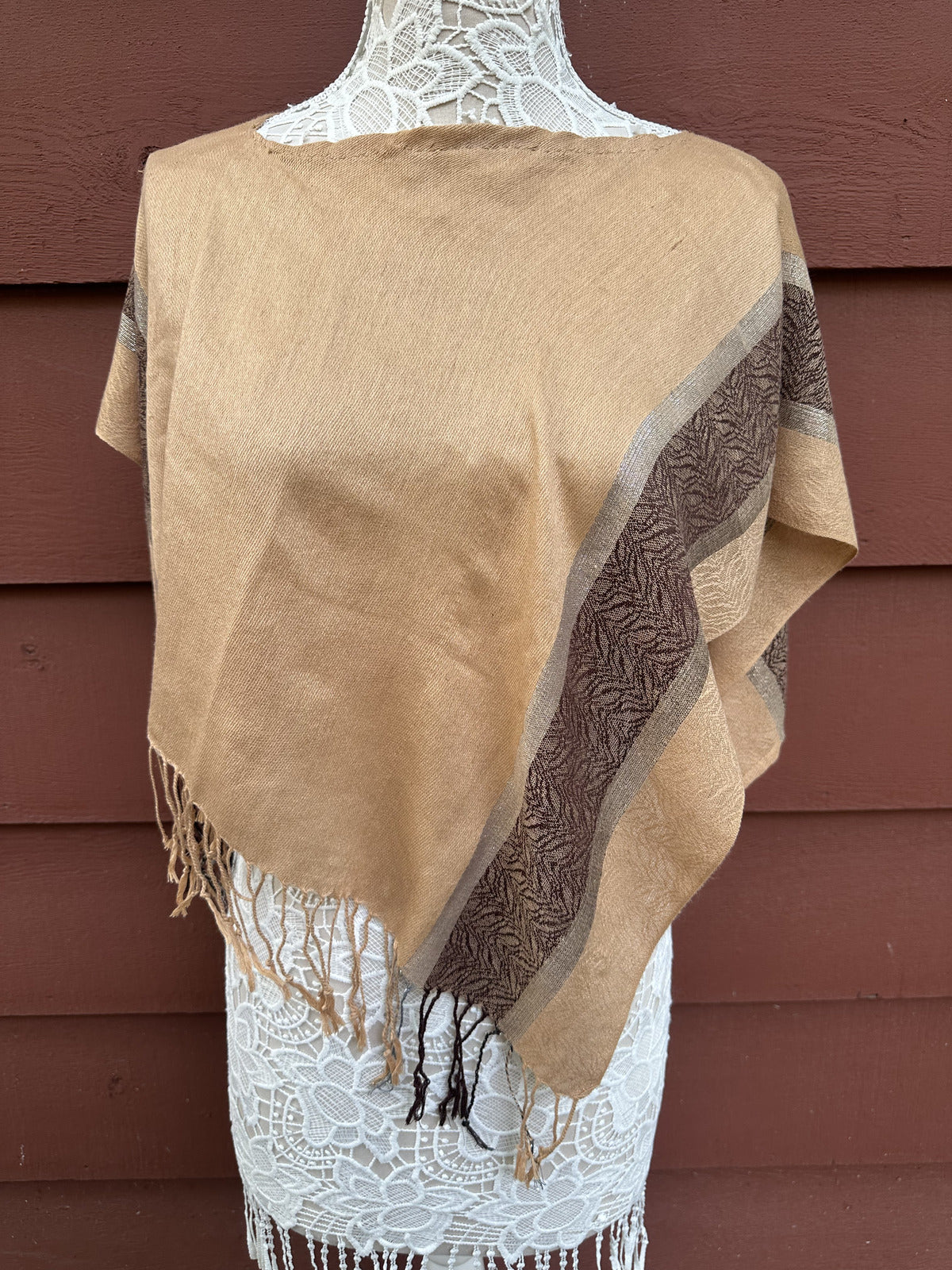 Boho Tan and Brown Fringe Poncho with Cutout and Woven Pattern