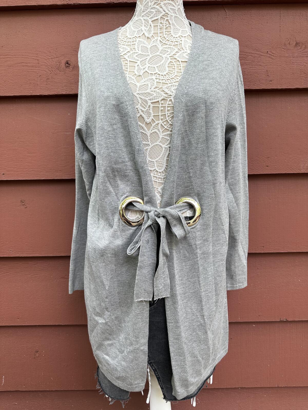 Cocobleu Gray Tie Front Open Cardigan with Silver Ring Detail Y2K Fairycore