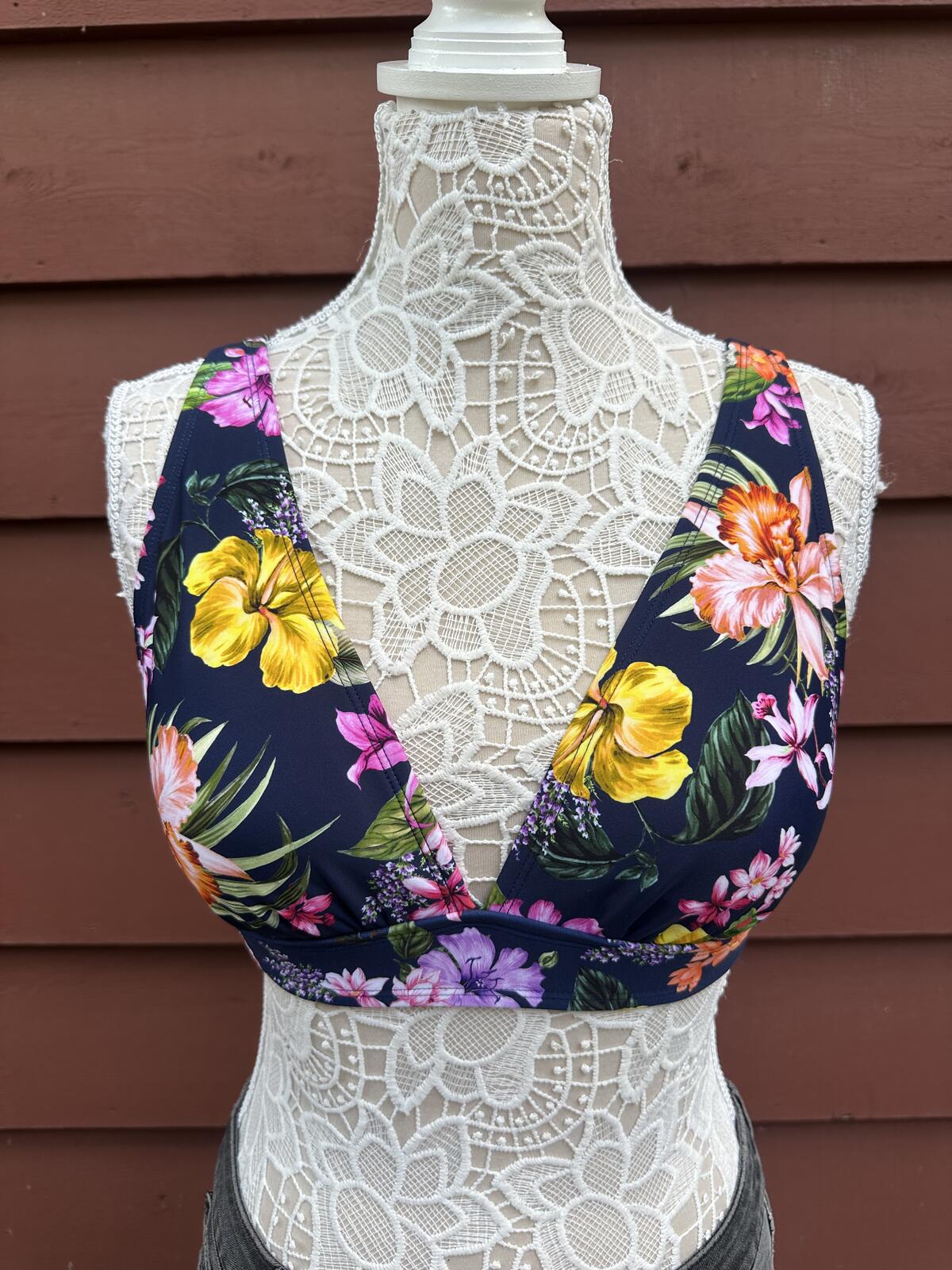 Y2K Fairycore Navy Floral V Neck Bikini Top with Adjustable Straps