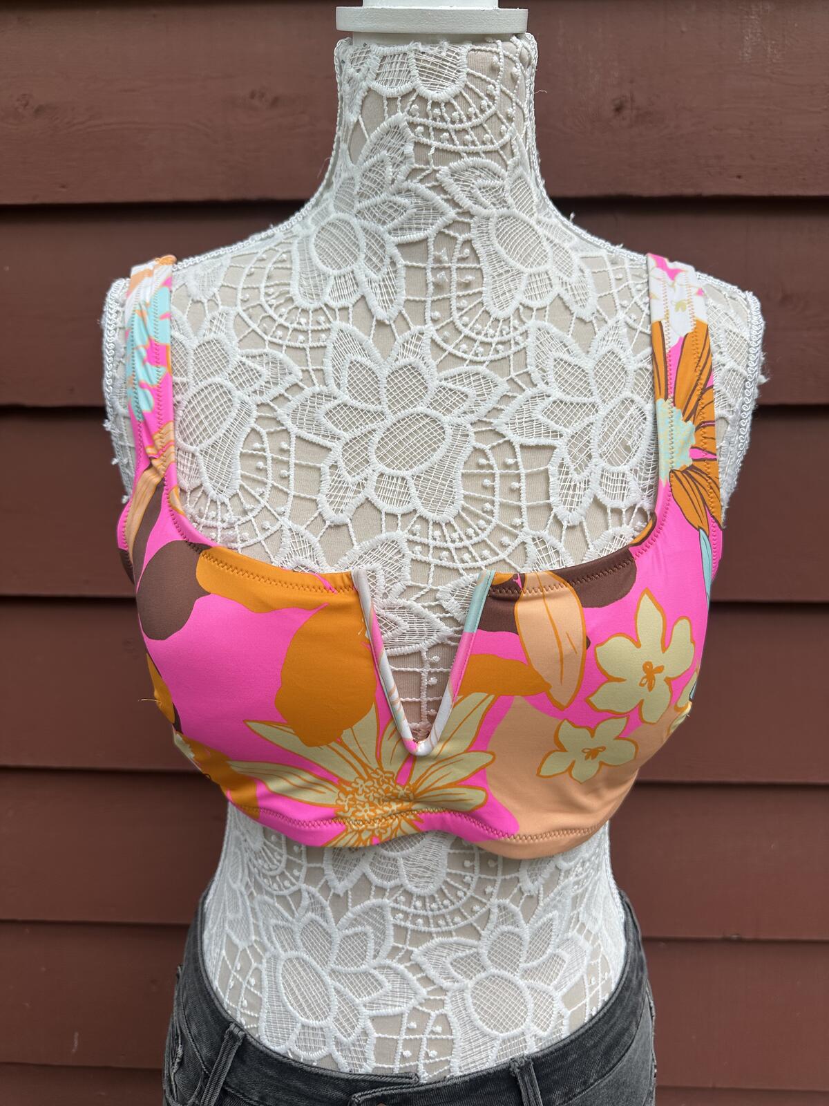 Aerie Scoop Real Good Floral Bikini Swim Top Y2K Pink Orange Tropical