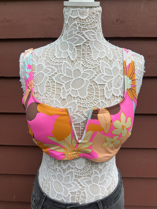 Aerie Scoop Real Good Floral Bikini Swim Top Y2K Pink Orange Tropical