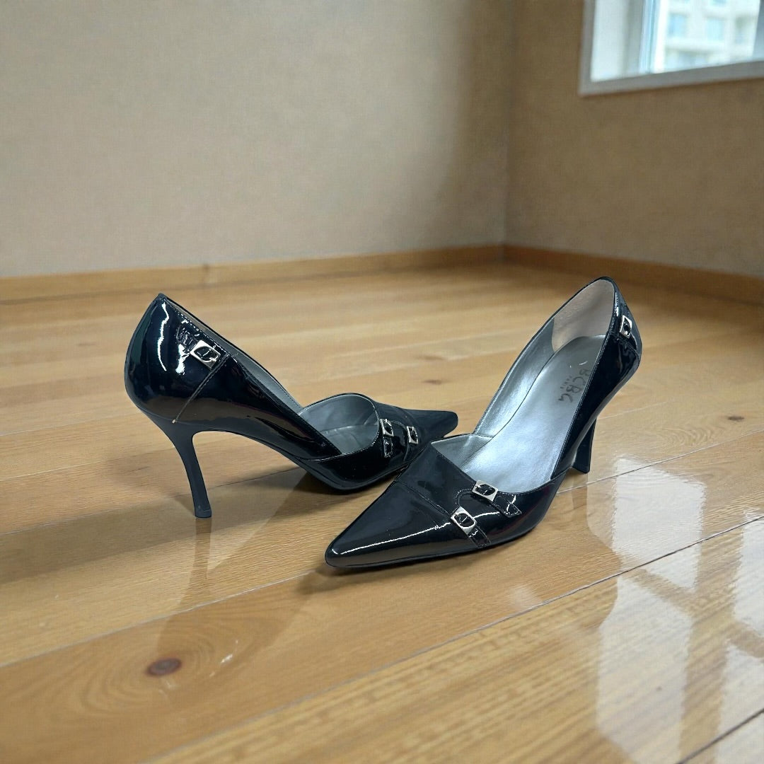 BCBG Black Faux Patent Leather Pumps with Buckle Detail