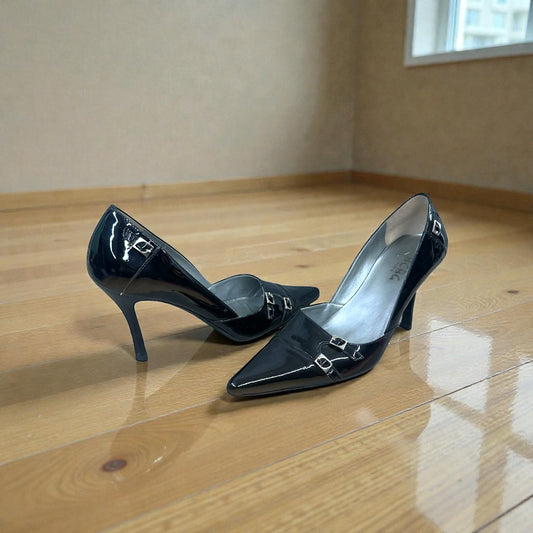 BCBG Black Faux Patent Leather Pumps with Buckle Detail