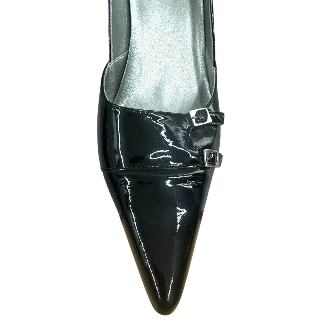 BCBG Black Faux Patent Leather Pumps with Buckle Detail