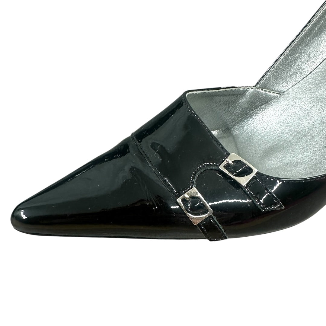 BCBG Black Faux Patent Leather Pumps with Buckle Detail