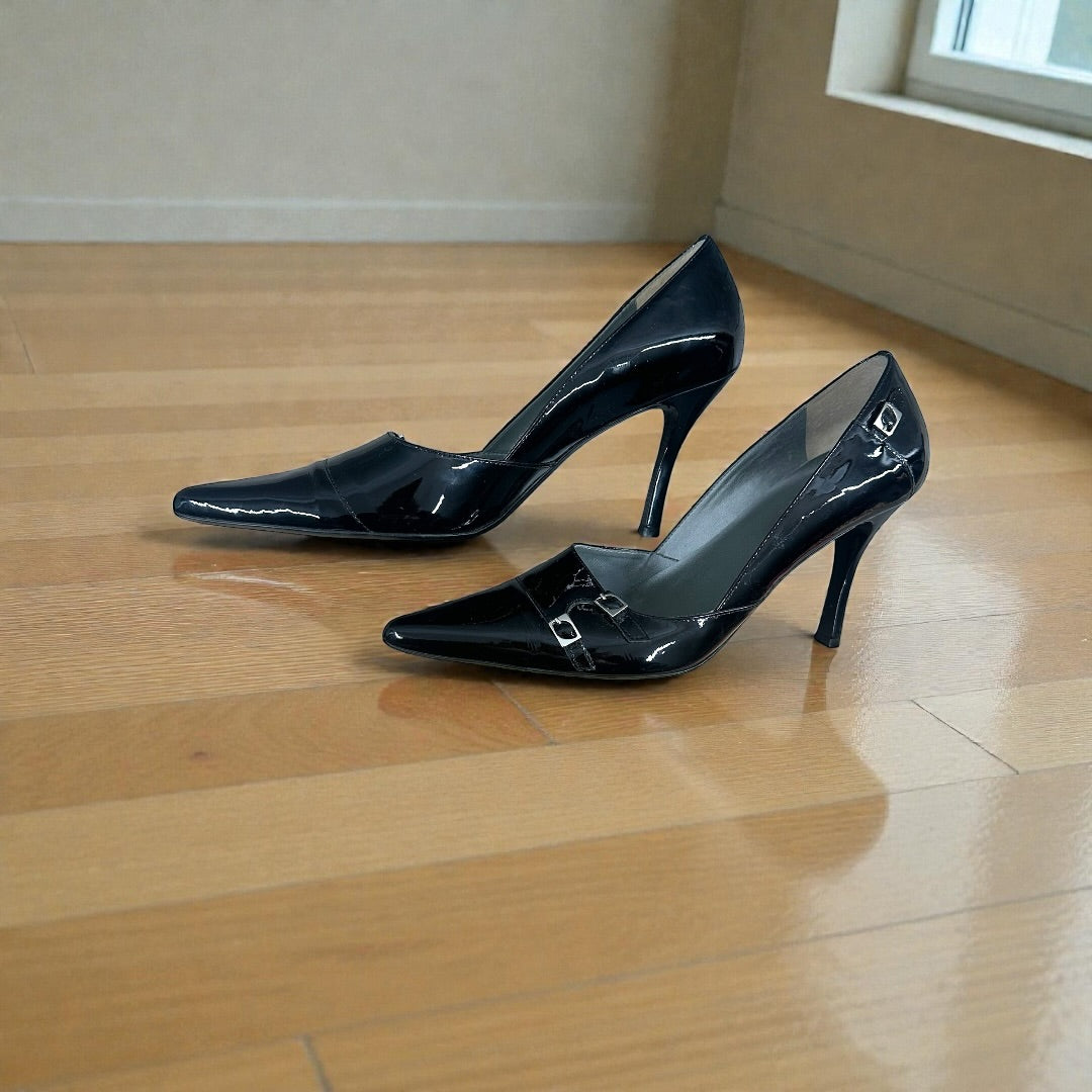 BCBG Black Faux Patent Leather Pumps with Buckle Detail