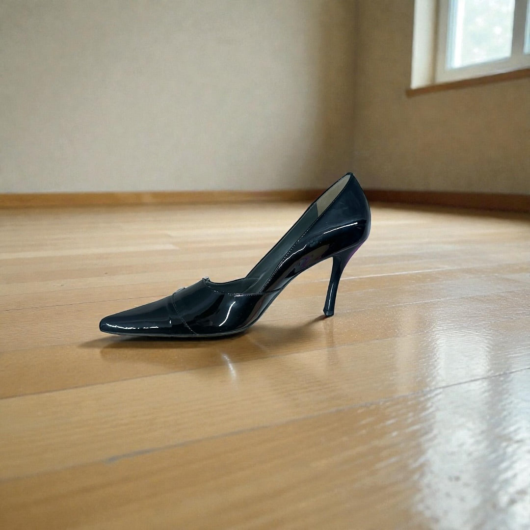 BCBG Black Faux Patent Leather Pumps with Buckle Detail