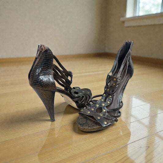 Aldo Brown Faux Snakeskin Leather Studded Heel Sandals