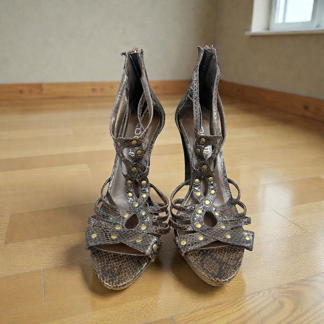 Aldo Brown Faux Snakeskin Leather Studded Heel Sandals
