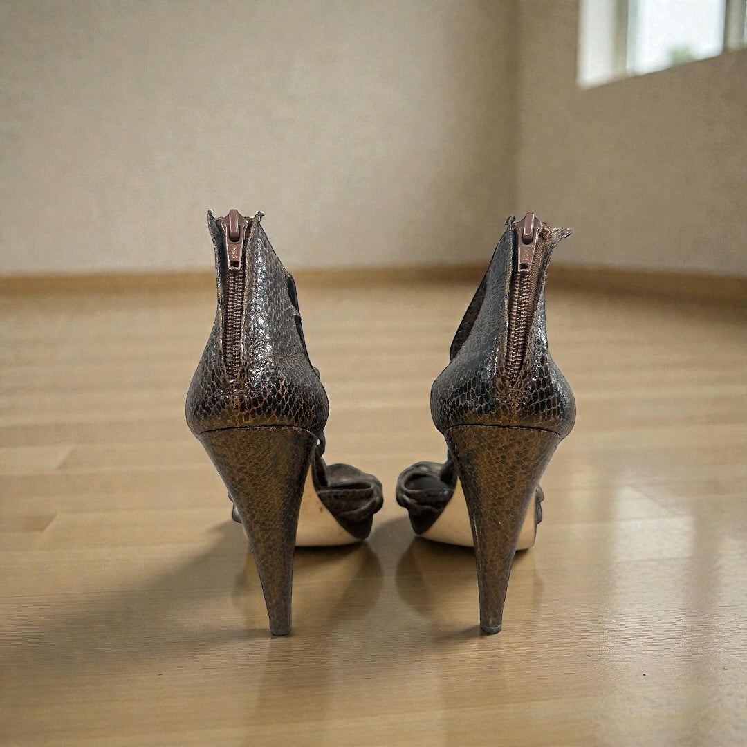 Aldo Brown Faux Snakeskin Leather Studded Heel Sandals