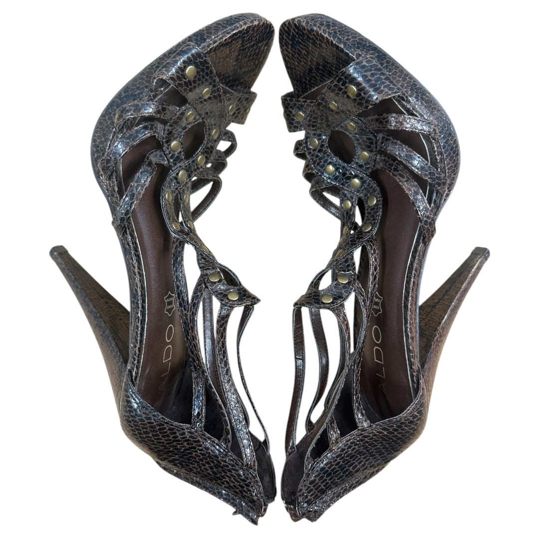 Aldo Brown Faux Snakeskin Leather Studded Heel Sandals