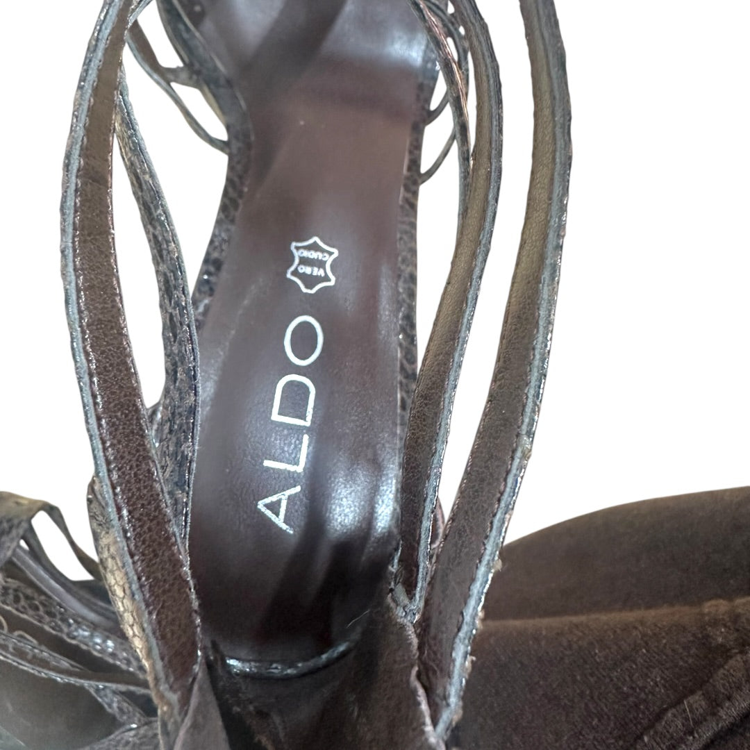 Aldo Brown Faux Snakeskin Leather Studded Heel Sandals