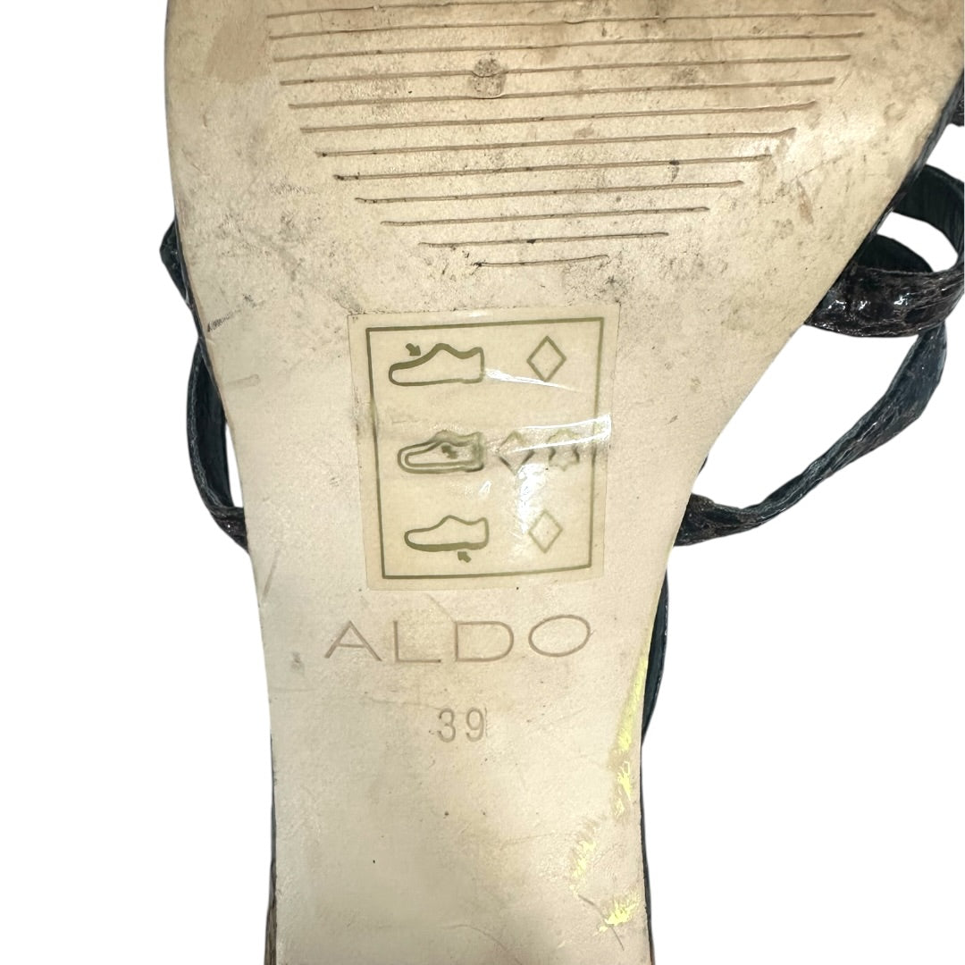 Aldo Brown Faux Snakeskin Leather Studded Heel Sandals