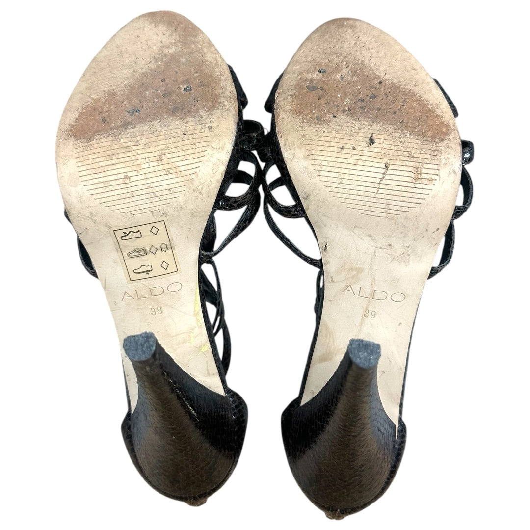 Aldo Brown Faux Snakeskin Leather Studded Heel Sandals