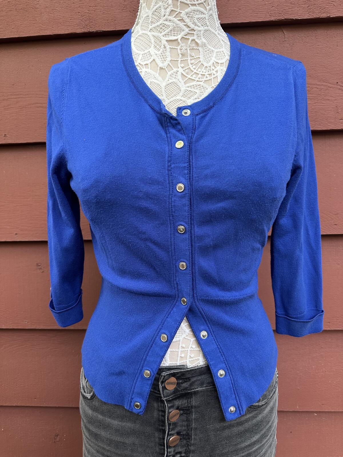 White House Black Market Royal Blue Fitted Cardigan Top Y2K Minimalist Preppy