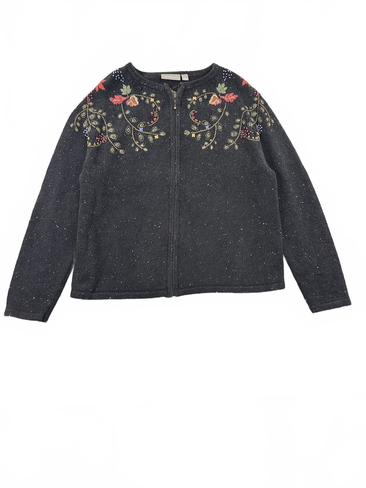 Croft & Barrow Fairycore Y2K Embroidered Zip Cardigan Black Floral Vine Sweater