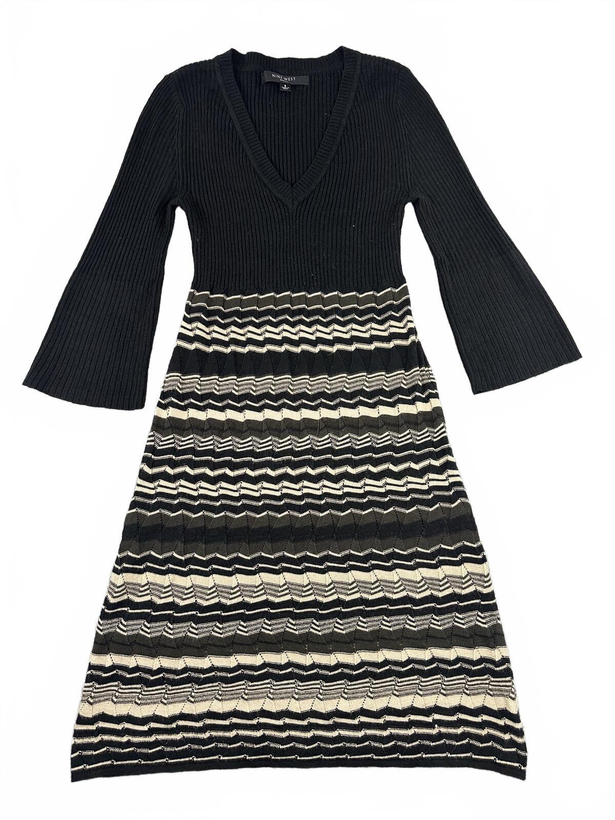 Nine West Y2K Boho Striped Knit Dress Black Beige V Neck Flared Sleeves