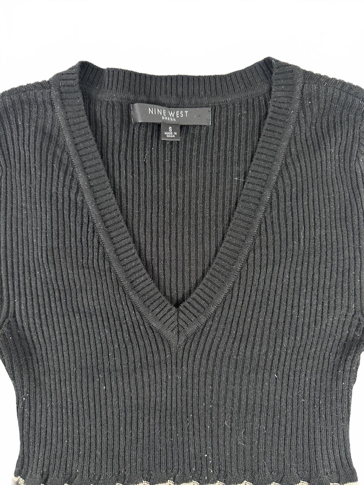 Nine West Y2K Boho Striped Knit Dress Black Beige V Neck Flared Sleeves
