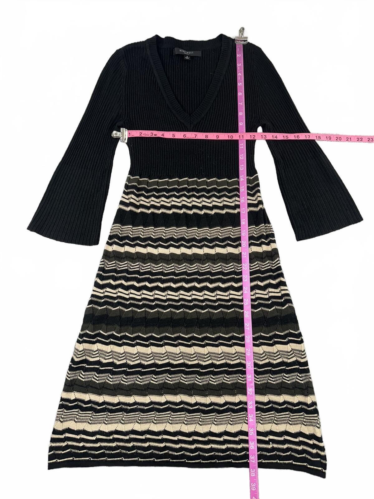 Nine West Y2K Boho Striped Knit Dress Black Beige V Neck Flared Sleeves