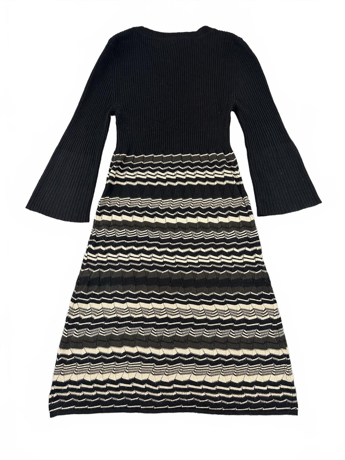 Nine West Y2K Boho Striped Knit Dress Black Beige V Neck Flared Sleeves