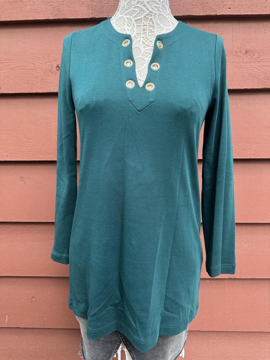 Chico's Teal Long Sleeve Tunic Top with Grommet Neckline Y2K Boho Casual Style
