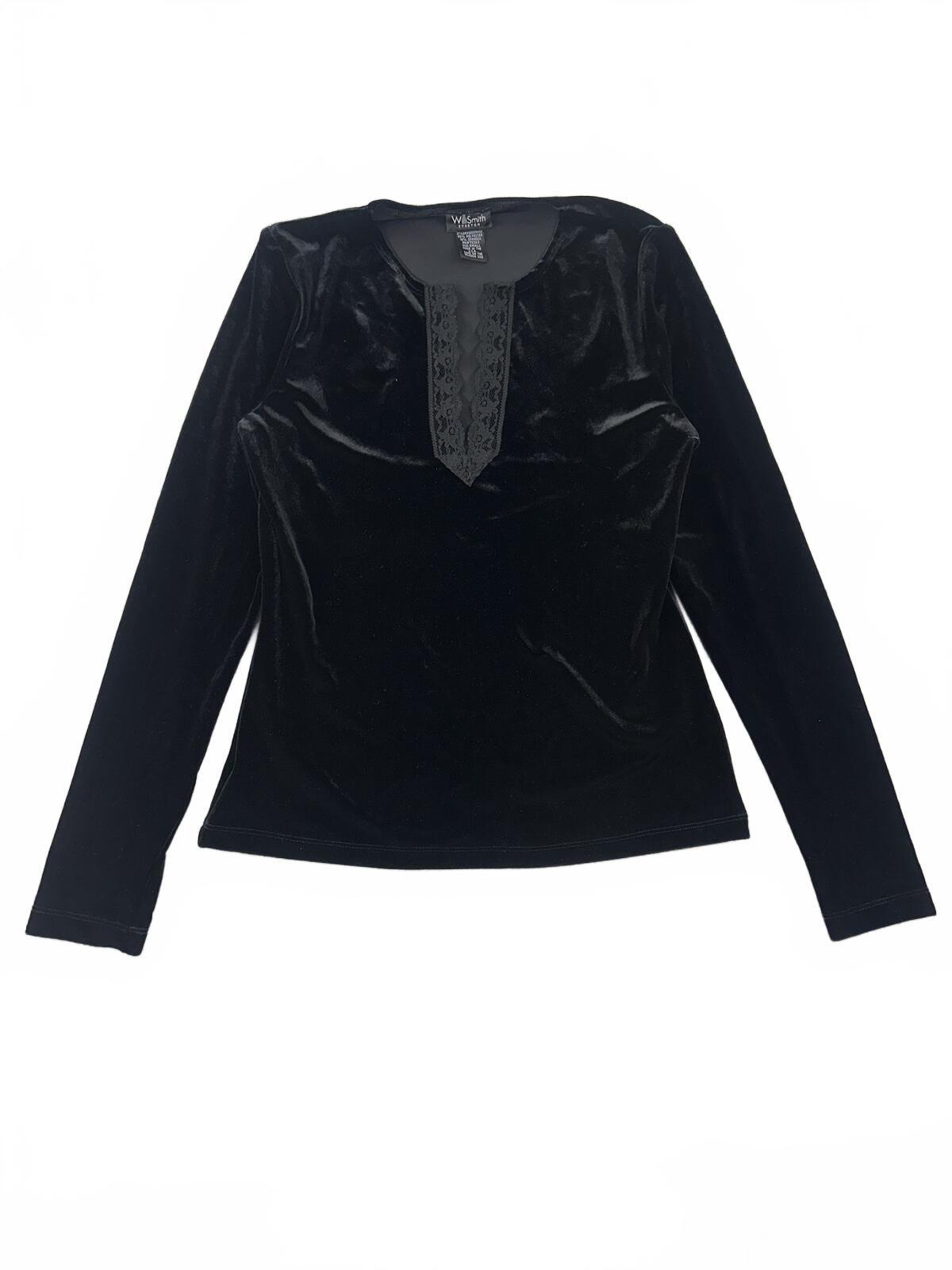 Willi Smith Black Velvet Stretch Top with Lace Trimmed Notch Neckline, Y2K Glam,