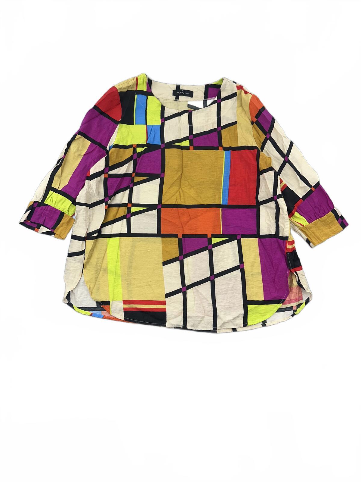 Yushi Multicolor Abstract Geometric Patchwork Top with 3/4 Sleeves Y2K Retro