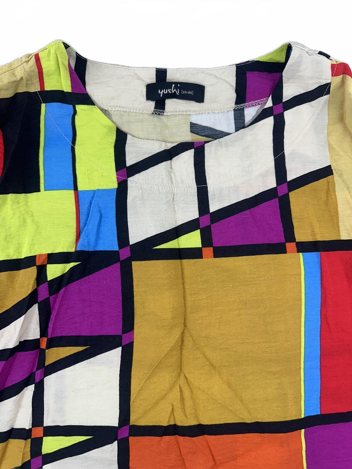 Yushi Multicolor Abstract Geometric Patchwork Top with 3/4 Sleeves Y2K Retro